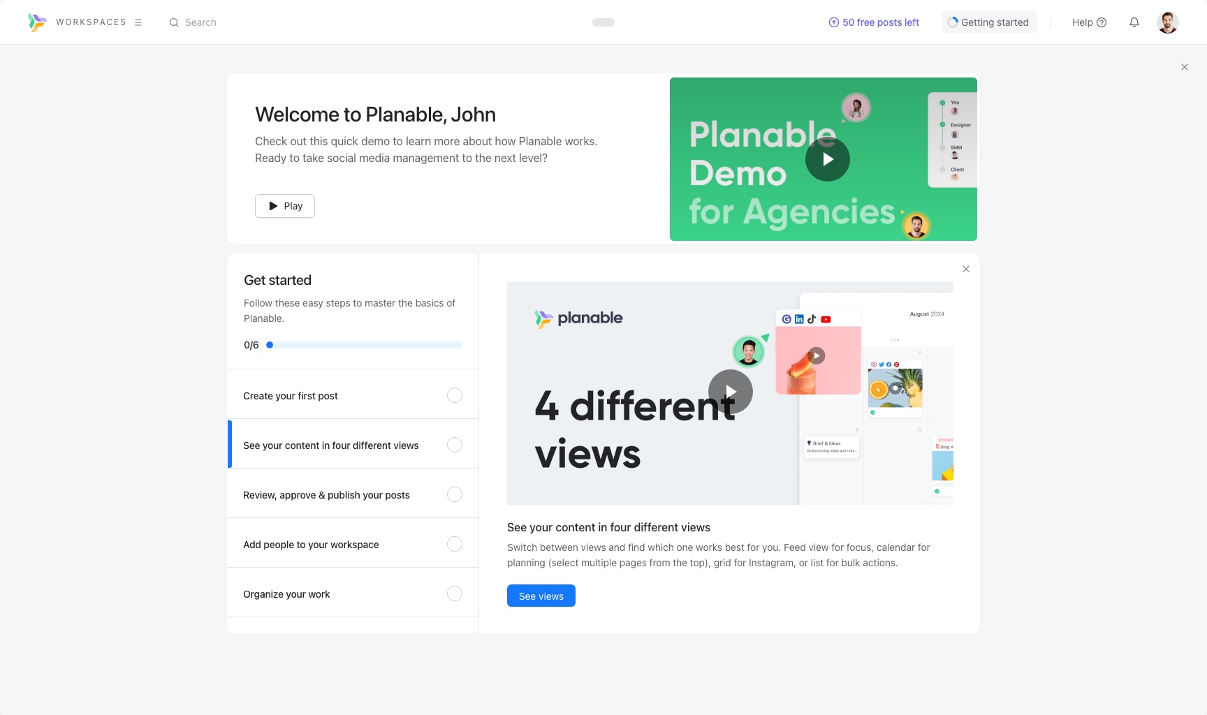 The welcome screen with the second task open: See your content in four different views, with a video tile that reads 4 different views.